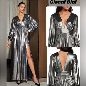 Holiday Gianni Bini Metallic Long Sleeve Dress with plunging V back and slit